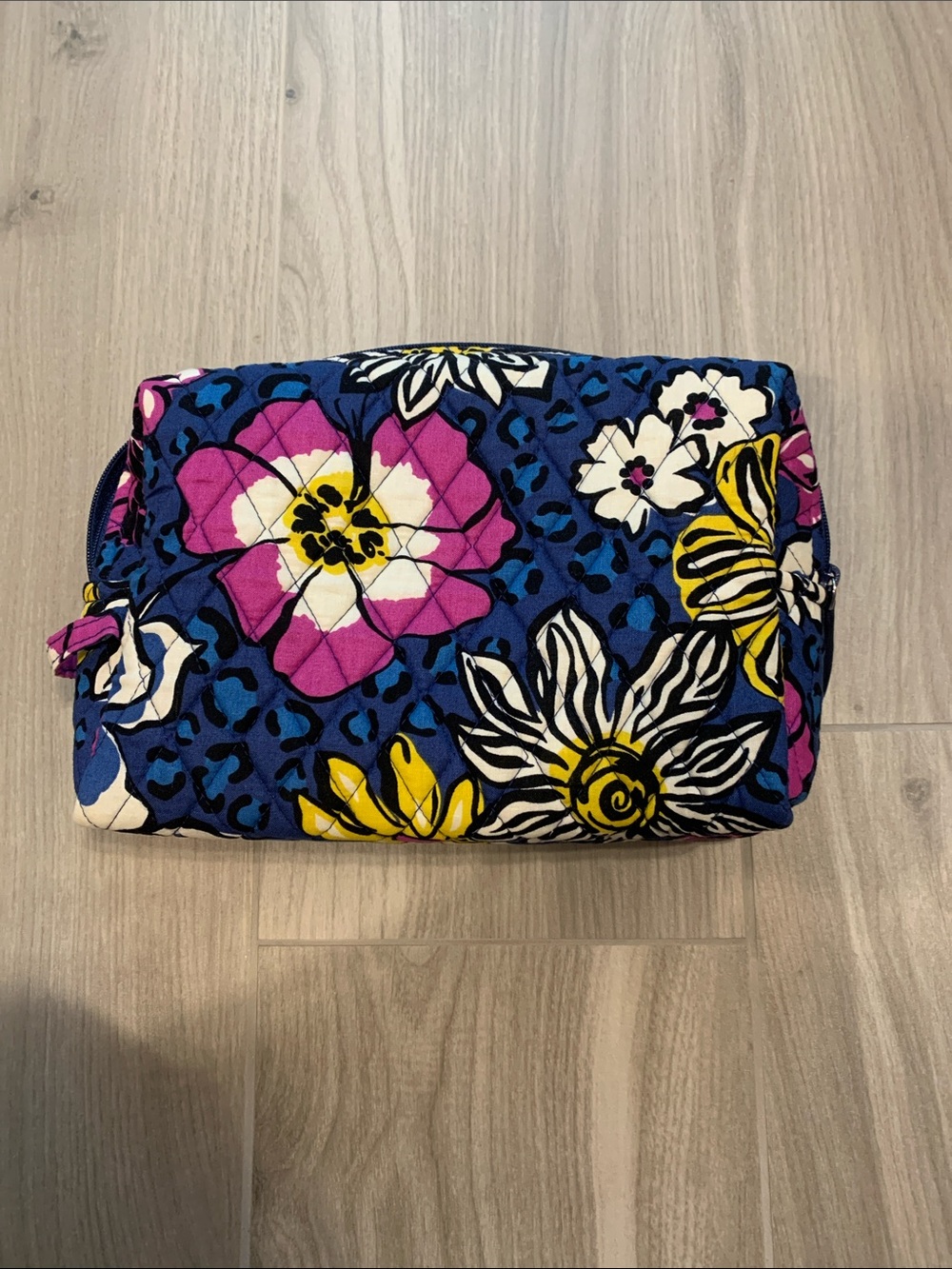 Vera Bradley Blue Floral Quilted Cosmetic Bag with Pink & Yellow Accents